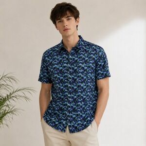 Marc Anthony Button Down Shirt Blue Zebra Print Luxury Slim Fit MENS LG